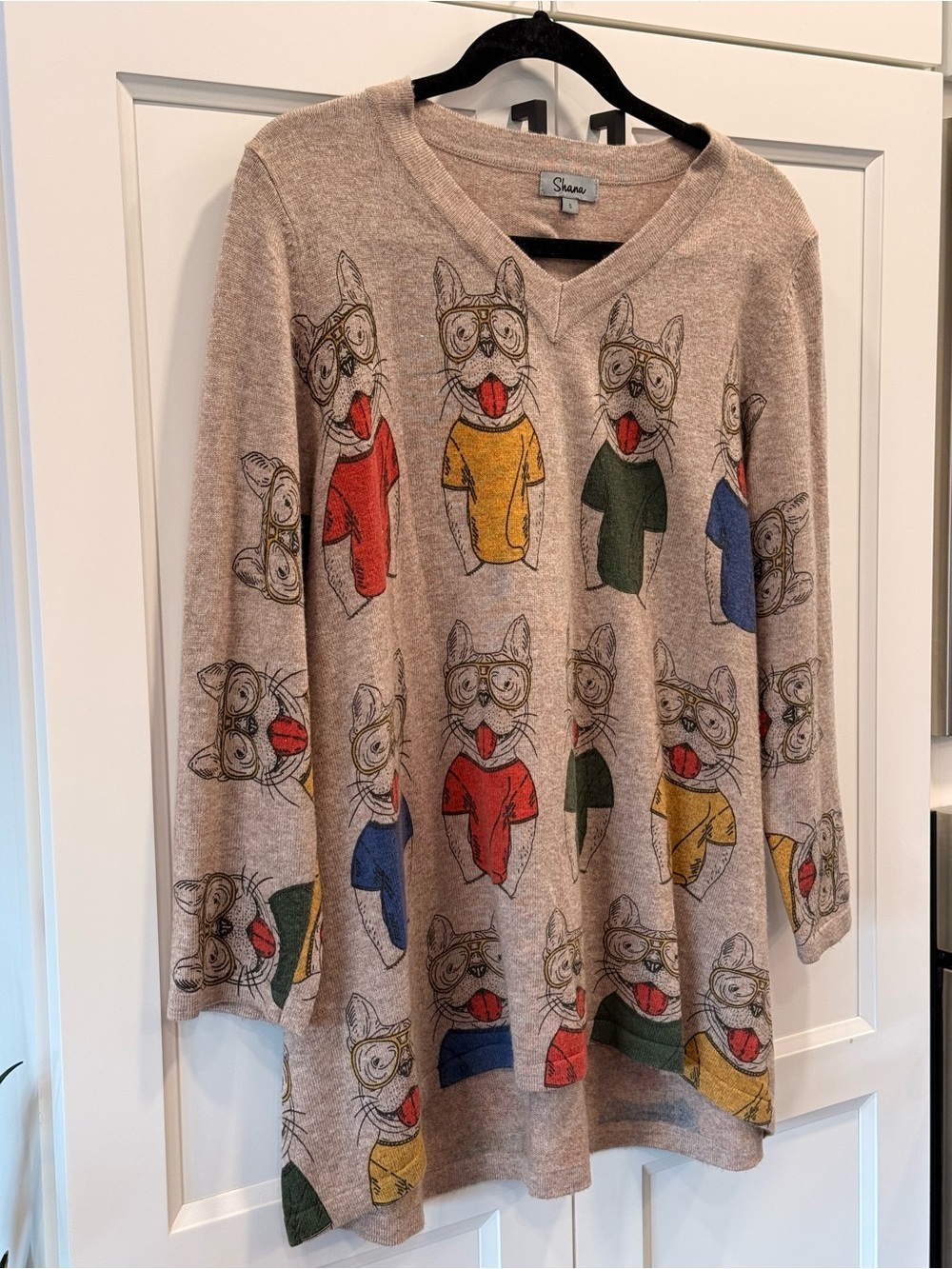 Whimsical Beige V-Neck French Bulldog Print sweater with Multicolor Accents